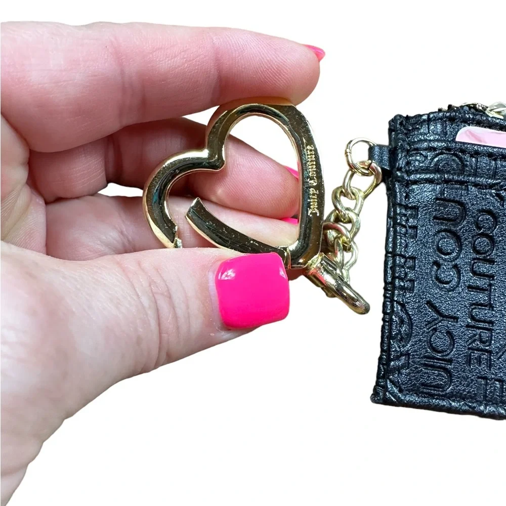 JUICY COUTURE: NWT Black Leather Logo Wallet Card Holder Keychain with Gold Logo
